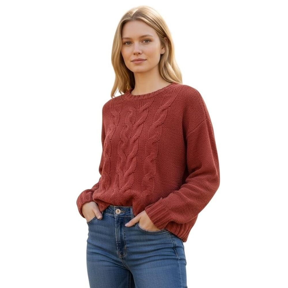 American Eagle Sweater Womens XS Rust Red Cable Knit Chunky Crewneck Pullover